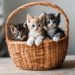 Bella Gatti Three kittens are sitting inside a woven basket. The kittens have varying fur patterns: one is light orange and white, another is predominantly black and brown, and the third is dark gray with white. They are on a wooden surface against a neutral background.