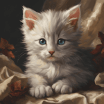 Bella Gatti A realistic painting of a fluffy white kitten with blue eyes, lying on a draped fabric. There are brown autumn leaves scattered around the kitten, adding contrast to the soft, textured background.