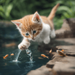 Bella Gatti A fluffy, orange and white kitten leaps into the air with its paw extended, splashing water as it swipes at small fish in a pond. The scene is set outdoors with green foliage in the background.