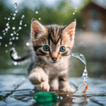 Bella Gatti A small tabby kitten with blue eyes is playfully reaching out with its paw to touch droplets of water. The background is a blurred outdoor setting with bokeh lighting effects.