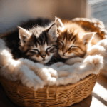 Bella Gatti Two kittens are sleeping in a wicker basket lined with soft, white fabric. Sunlight filters through a window, casting a gentle glow on their fur. The kittens are cuddled closely together, both with content expressions.