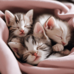 Bella Gatti Three small kittens are sleeping closely together, wrapped in a soft pink blanket. The kittens have striped and white fur, with their eyes closed and expressions of contentment. The scene conveys warmth and coziness.