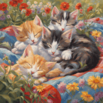 Bella Gatti Four kittens sleep on a multicolored quilt in a garden surrounded by red, yellow, and white flowers. The kittens have varying patterns of orange, gray, and white fur. The scene is tranquil and bathed in natural light.