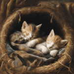 Bella Gatti Three small kittens sleep nestled together in a cozy, straw-lined nest. Their fur includes shades of orange, white, and gray. The setting is warm and intimate, suggesting comfort and tranquility.