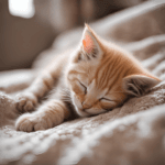 Bella Gatti A small orange tabby kitten is sleeping peacefully on a fuzzy beige blanket. Its eyes are closed, and it is lying on its side with one front paw stretched out. The background is softly blurred, emphasizing the kitten's relaxed posture.