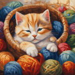 Bella Gatti A fluffy orange and white kitten is nestled inside a wicker basket surrounded by colorful balls of yarn, including blue, red, green, and orange. The kitten looks content and is partially tucked among the yarn balls.
