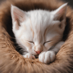 Bella Gatti A white kitten with pale orange markings is sleeping with its front paws tucked under its chin. Its eyes are closed, and it is resting on a soft, brown, furry surface. The kitten's ears are slightly pointed.