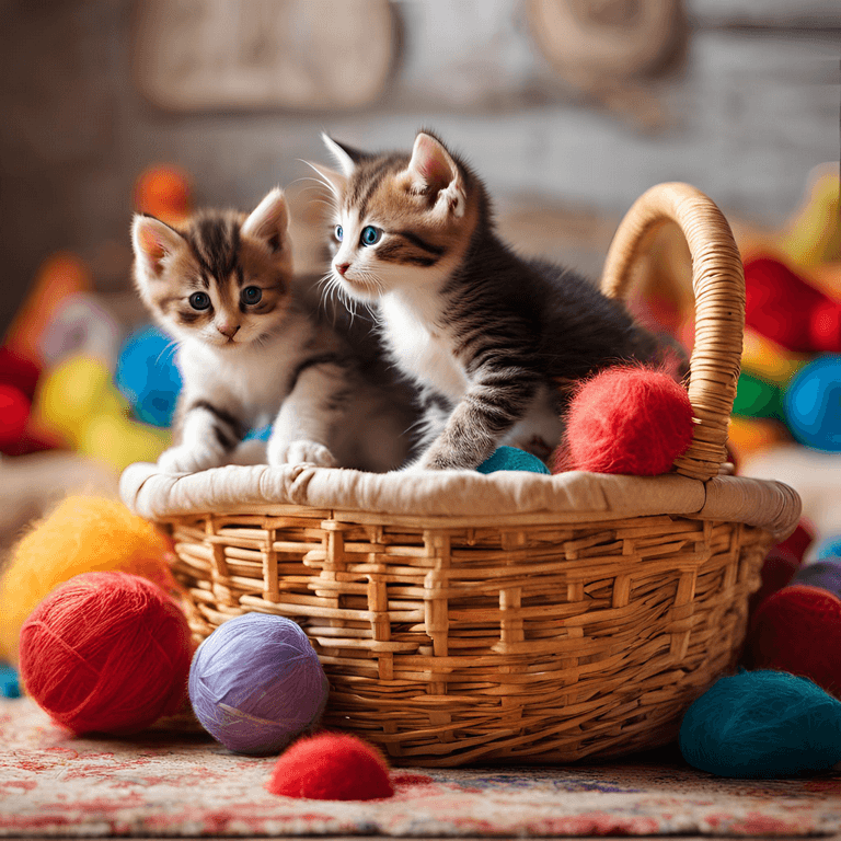 Bella Gatti Two kittens sit in a wicker basket surrounded by colorful balls of yarn. The kittens, one with tabby and white fur, the other gray and white, look curiously outward. The setting suggests a playful and cozy indoor environment.