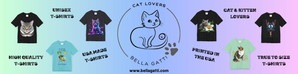 Bella Gatti Banner showing cartoon cat logo "Bella Gatti" in the center, surrounded by images of cat-themed t-shirts on a pastel gradient background. Text highlights unisex, high quality, USA-made, and true-to-size t-shirts for cat lovers.